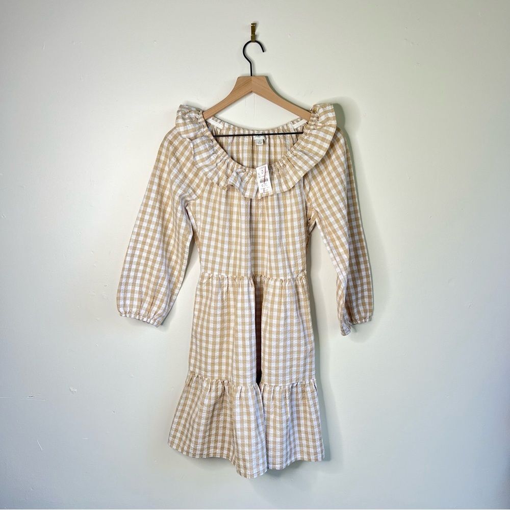 J Crew Seersucker ruffle neck mini dress Tan and White Tiered Gingham size 0 XS - Picture 3 of 12